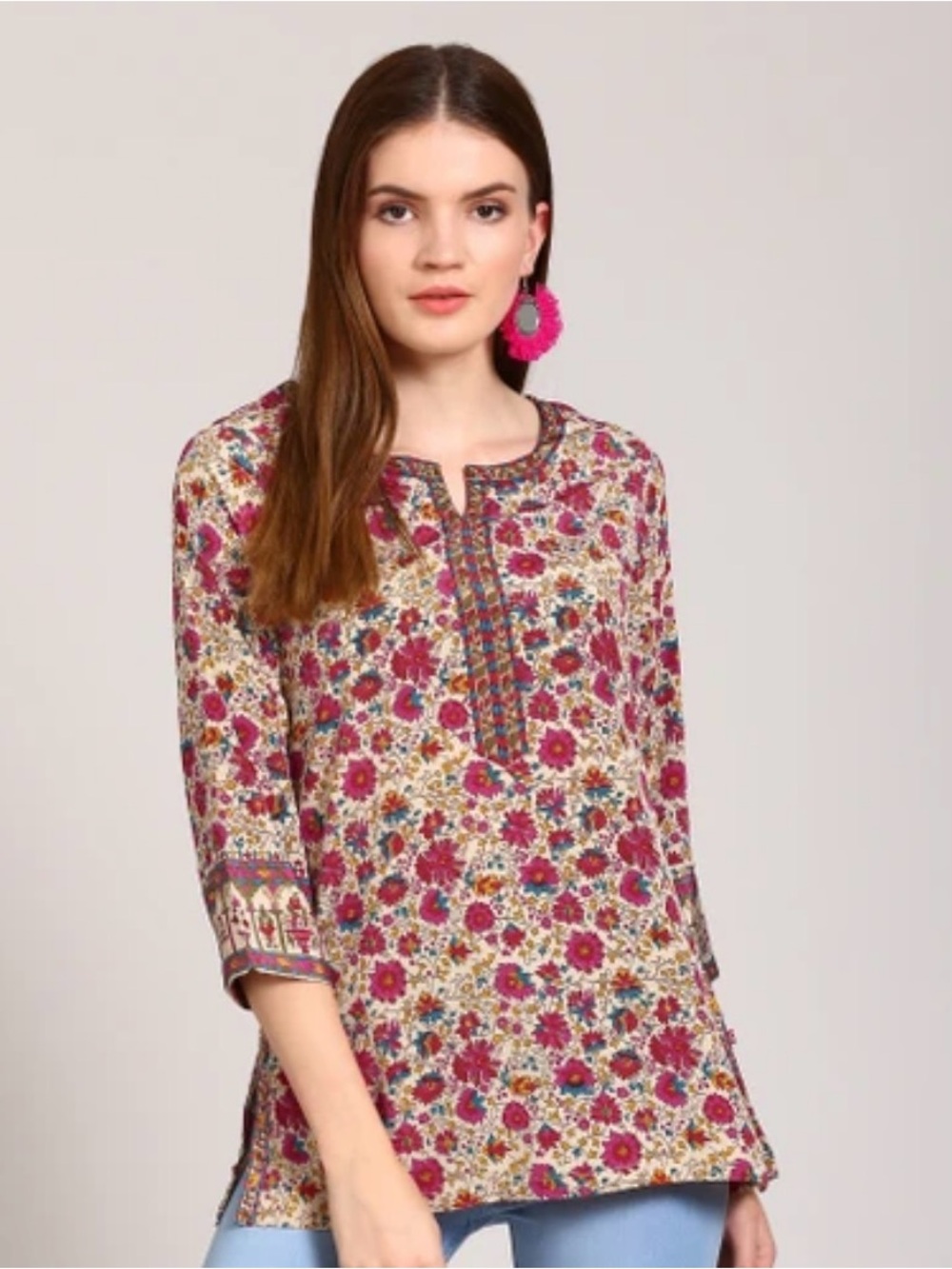 Biba Pink Floral Split-Neck Tunic